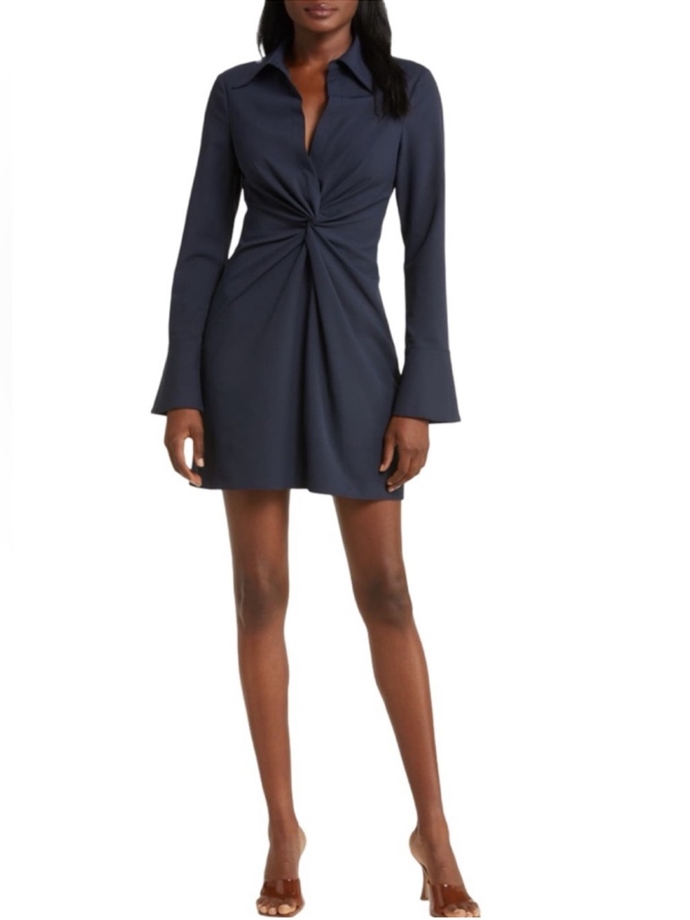Cinq a Sept McKenna Twist Front Long Sleeve Mini Shirt Dress Size 4 Navy